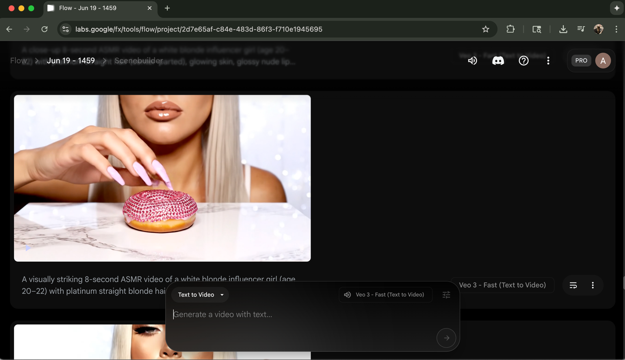 Veo 3 AI ASMR video generation interface with bedazzled donut and AI-generated character