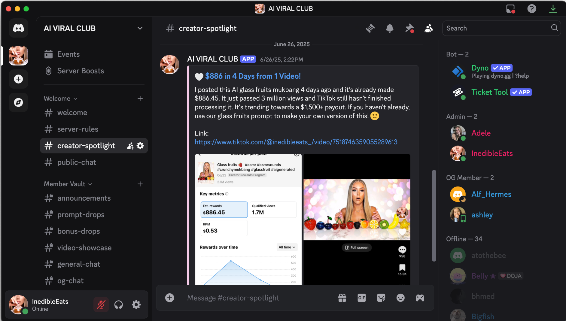 Screenshot of the AI Viral Club Discord server showing a creator spotlight post where an AI-generated ASMR video earned $886 in 4 days, with TikTok metrics and community engagement.