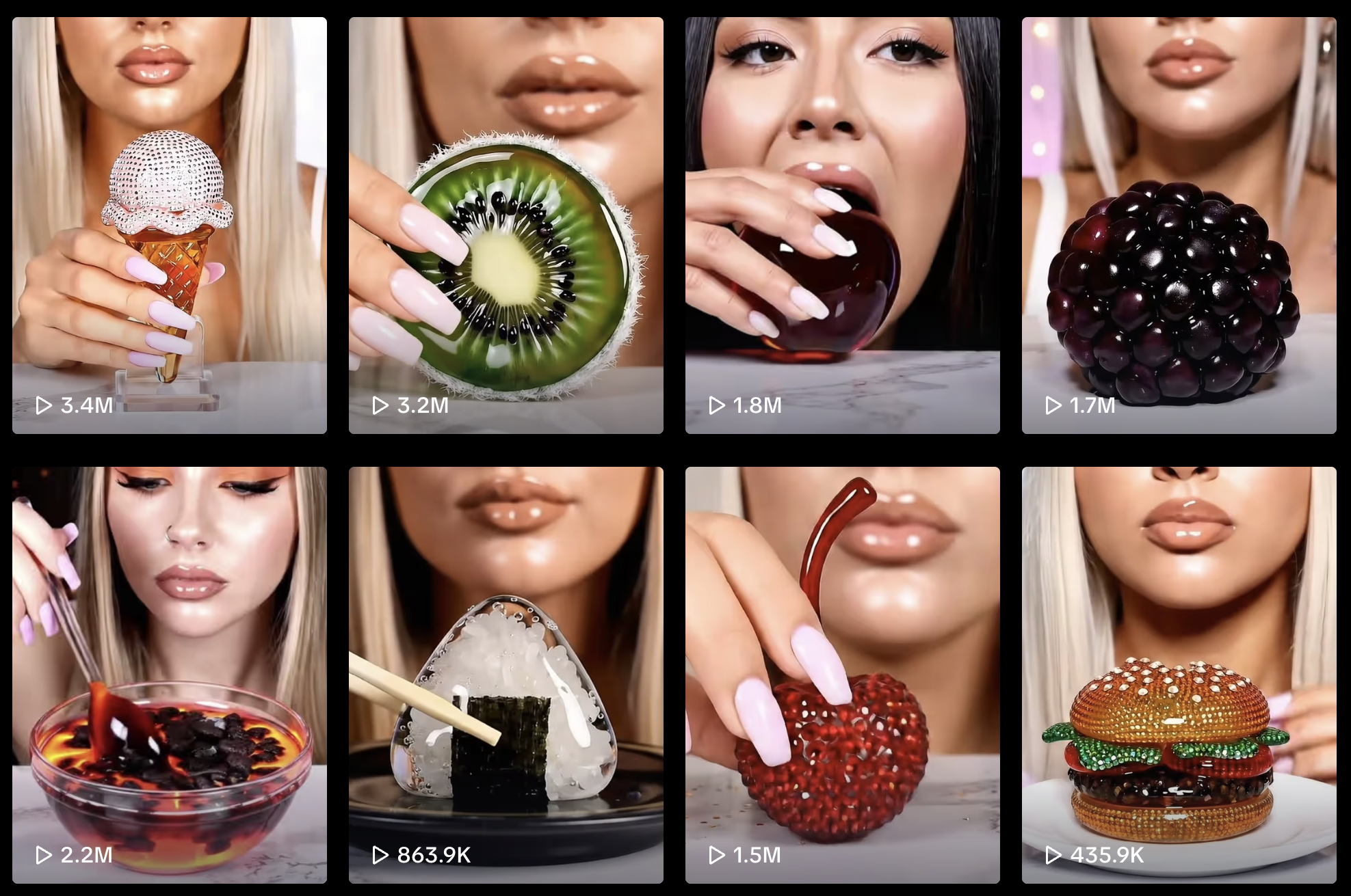 Grid of viral AI-generated ASMR TikTok video thumbnails showing surreal food props like a jeweled ice cream, glass kiwi, lava jelly, and candy sushi.