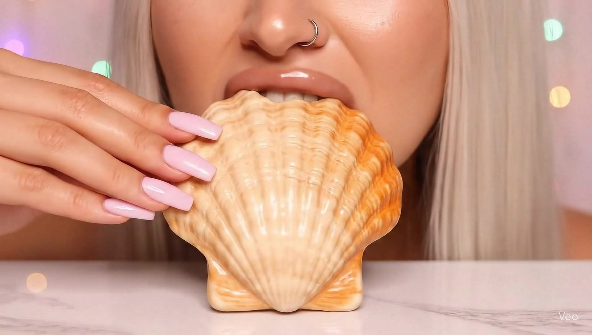Close-up of an AI-generated ASMR shell being bitten