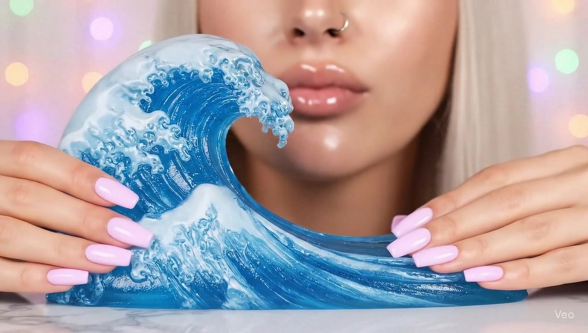 Glass wave prop held in an AI-generated TikTok mukbang video