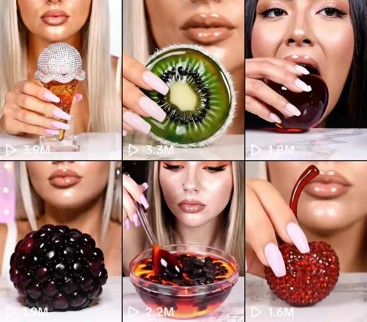 Grid of viral AI mukbang TikTok videos including glass kiwi, jelly ice cream, and lava bowl from @inedibleeats_