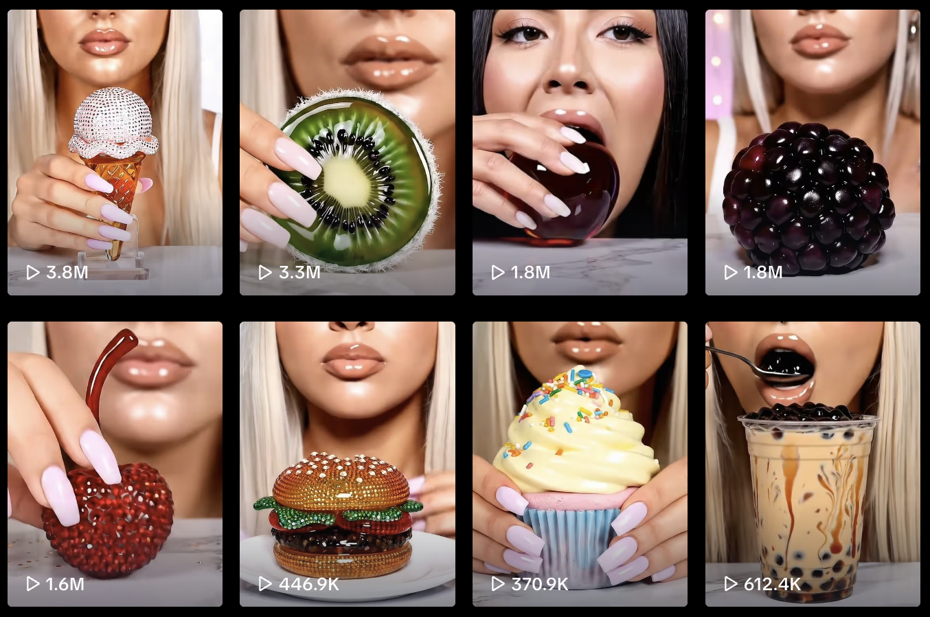 Compilation of AI-generated TikTok video thumbnails showing glass food, desserts, fruit, and surreal ASMR bites