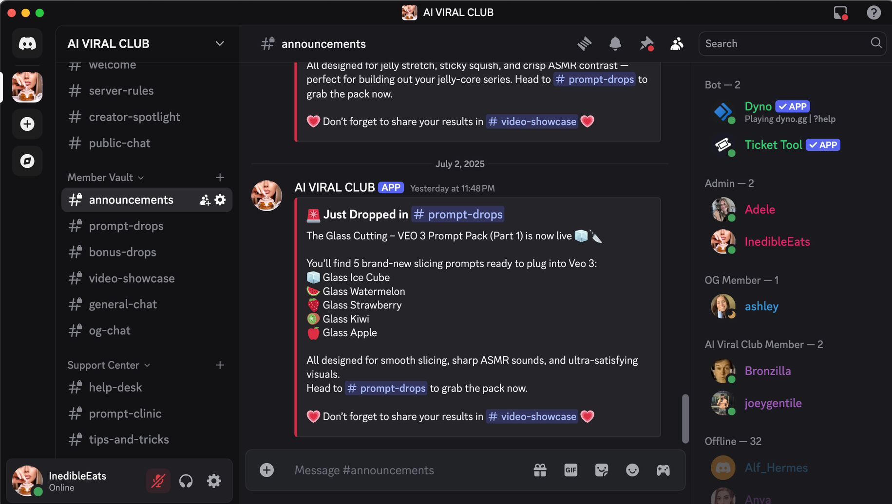 Screenshot of the AI Viral Club Discord server showing a prompt pack announcement with Veo 3 slicing prompts
