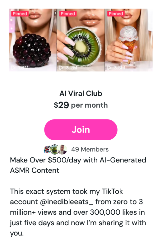 AI Viral Club membership tier showing access to faceless TikTok content tools and tutorials