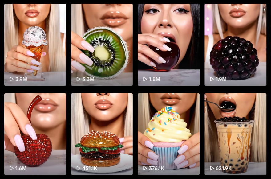 A TikTok video grid showing AI-generated ASMR influencer eating surreal glass and slime foods like jeweled ice cream, crystal kiwi, and glossy milk tea.