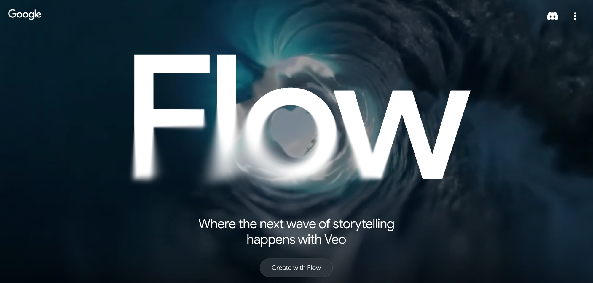 The word "Flow" in large, glowing white letters is prominently displayed against a dynamic, dark blue and white background that resembles a swirling wave or vortex. Below "Flow," smaller white text reads "Where the next wave of storytelling happens with Veo." A gray button centered beneath this text says "Create with Flow." At the very bottom, small gray text states "Requires Google AI Subscription. See FAQ." In the top left corner, the Google logo is visible, and in the top right, there are icons for what appear to be Discord, a person, and a three-dot menu.