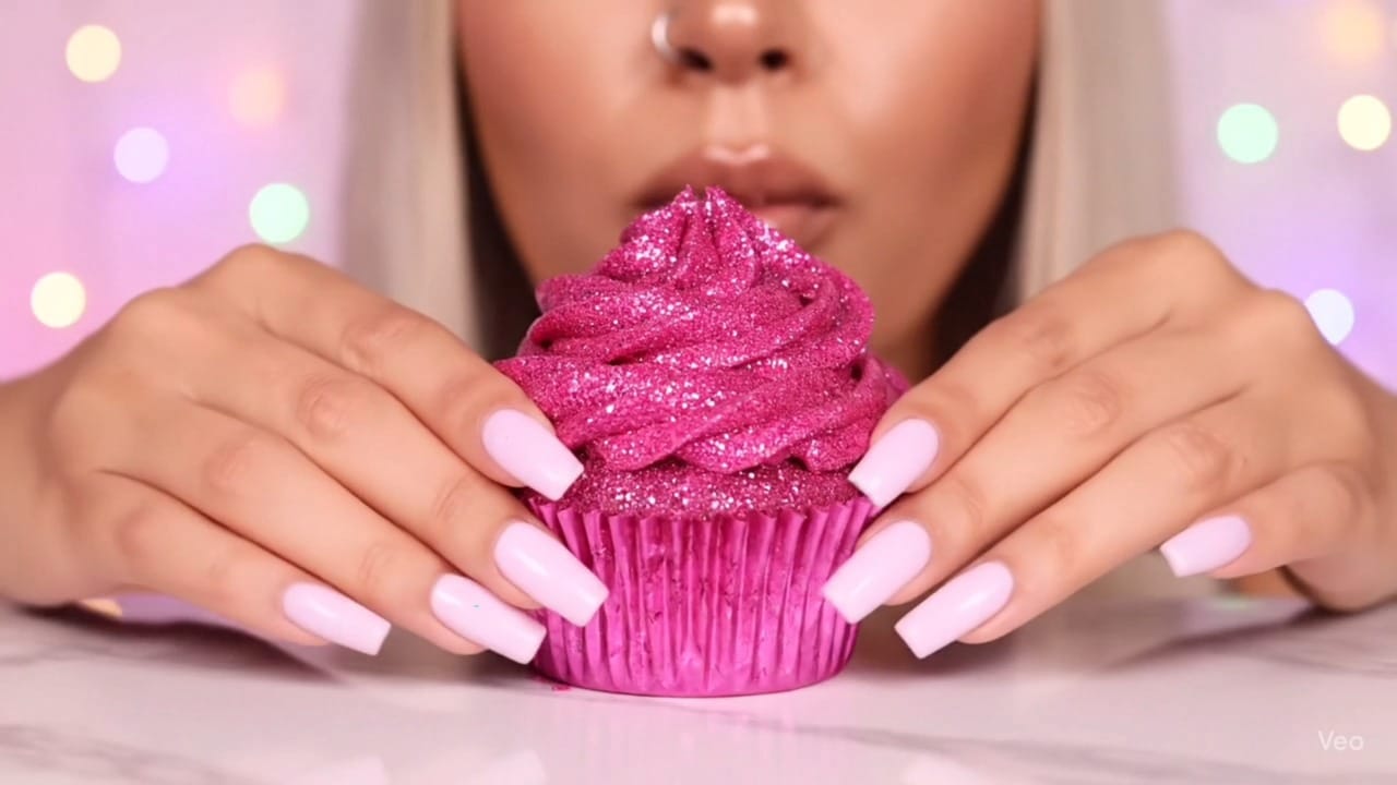 A close-up shot of a person with long, pale pink manicured nails holding a large, vibrant pink cupcake completely covered in glitter, resting on a white marble-like surface. The person's face, with glossy lips and a nose ring, is blurred in the background, with soft pink and purple bokeh lights.