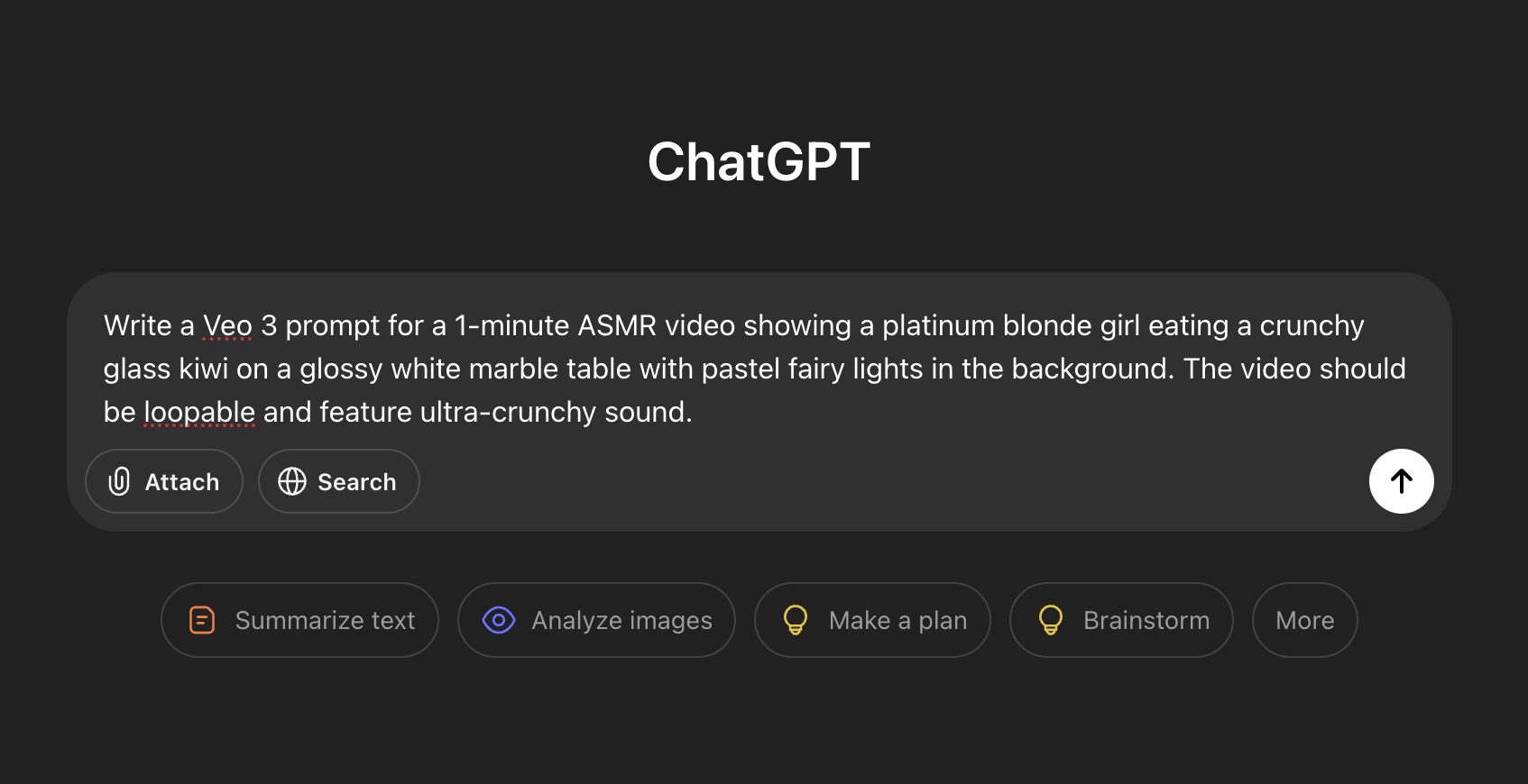 ChatGPT prompt request for a 1-minute ASMR Veo 3 video with a glass kiwi and pastel fairy lights