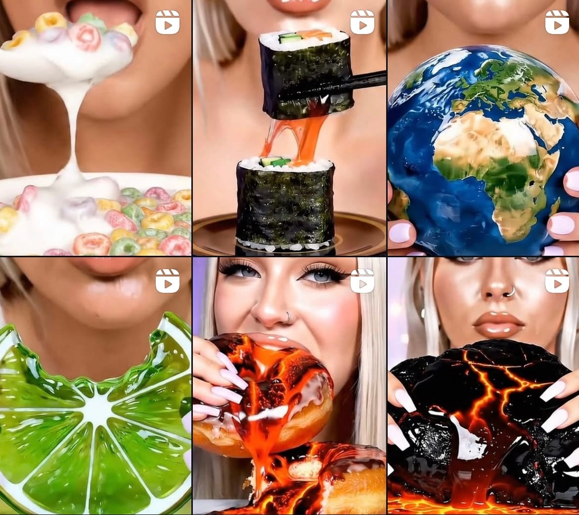 Grid of surreal AI-generated ASMR TikTok clips featuring glossy cereal, melting sushi, a glass lime, dripping lava-filled donut, black lava bread, and a globe dessert — all shown with a blonde girl taking exaggerated bites in each square.