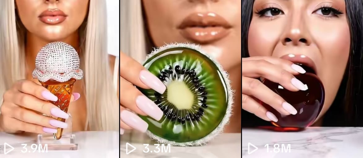 Three AI mukbang TikTok video previews showing surreal food props including crystal ice cream, glass kiwi, and red jelly orb with millions of views.