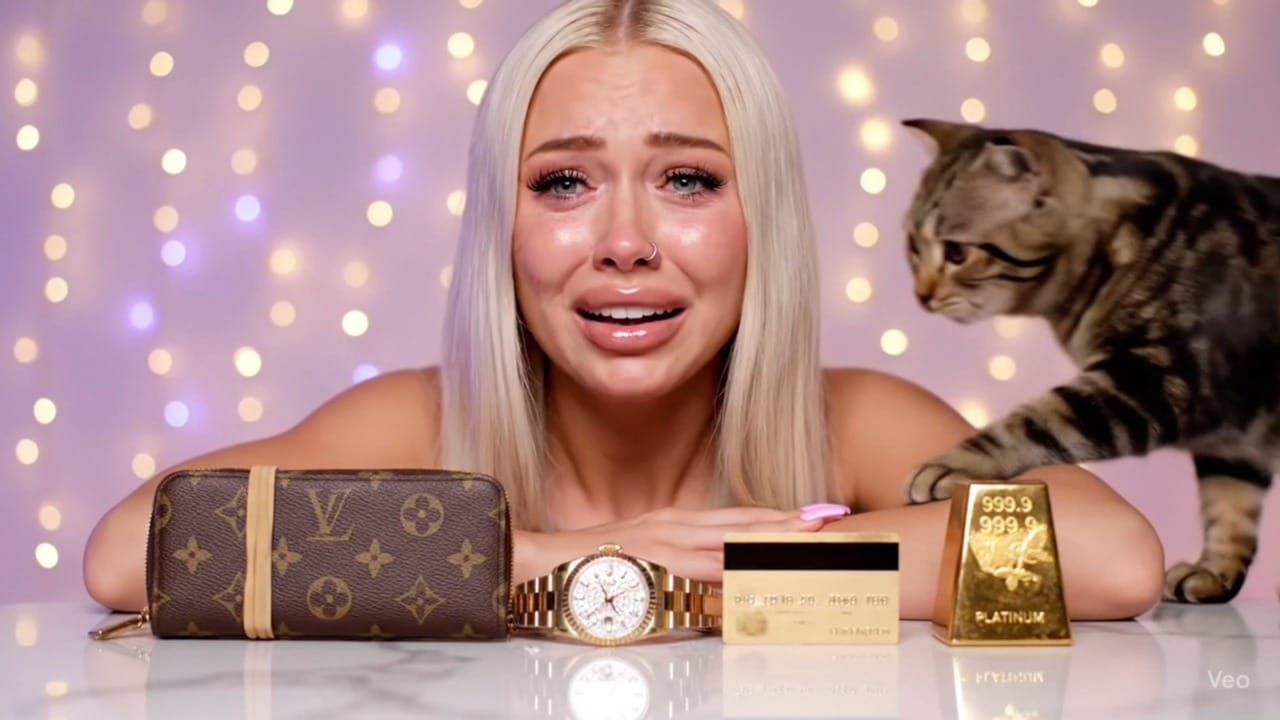 AI-generated TikTok girl cries in front of luxury props as a cat walks into frame — from the viral @inedibleeats faceless video with 1M+ views.