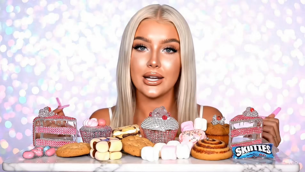 AI ASMR video of glass bedazzled sweets arranged on a marble table in front of a blonde character