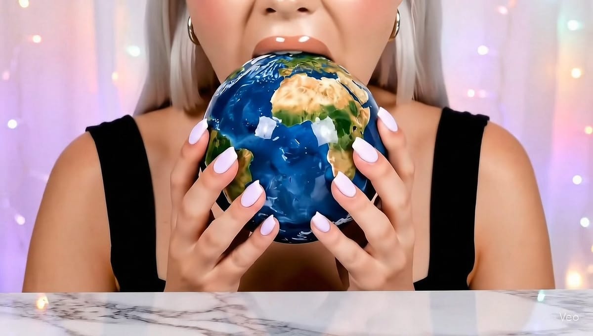 AI-generated ASMR girl biting a realistic glass Earth globe in front of pastel fairy lights