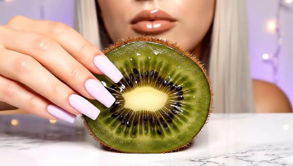 Close-up of a woman's pastel pink nails holding a hyper-realistic kiwi slice, with glossy lips and a soft blurred ASMR background.
