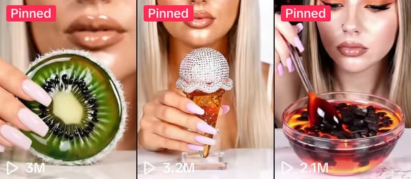 Collage of three viral AI mukbang TikTok videos showing a glass kiwi, a diamond ice cream cone, and a bowl of lava boba — created by @inedibleeats using Veo 3