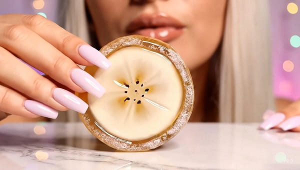 Close-up of a hand holding a glass fruit slice created with AI, styled for a TikTok ASMR video with soft lighting and pastel bokeh background
