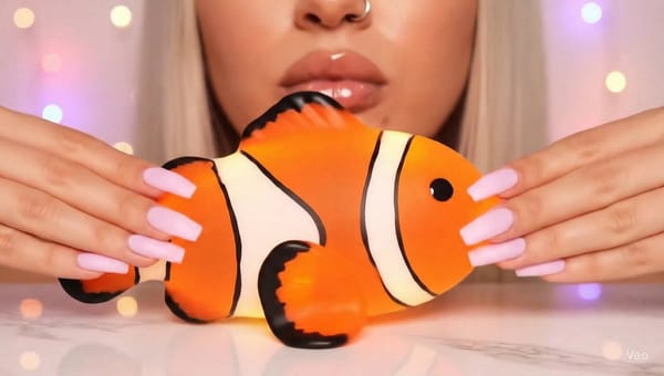 AI-generated candy glass clownfish being held in an ASMR TikTok video