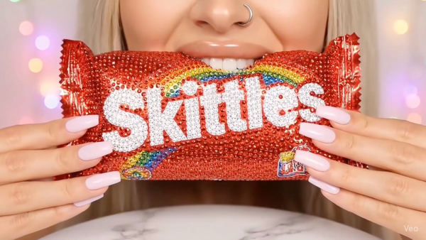 AI-generated mukbang TikTok of a glam girl biting into a fully bedazzled Skittles candy