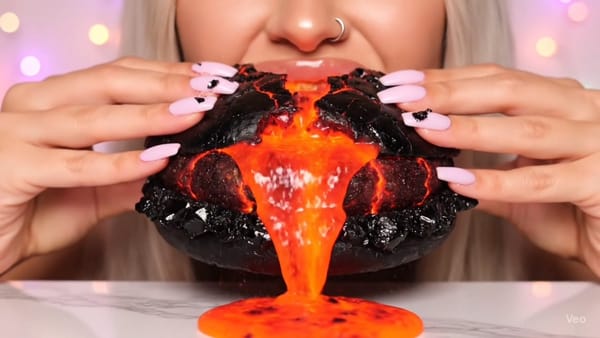 A close-up shot of a person with long light pink nails holding a black burger with bright orange, lava-like filling oozing out from between the buns and dripping onto the surface below.
