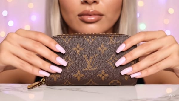 Close-up of a faceless AI TikTok creator holding a Louis Vuitton wallet with long pink nails — part of the viral @inedibleeats video series.